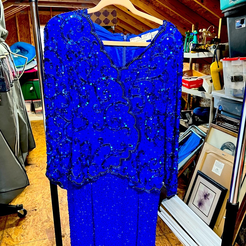 Bejeweled royal blue cocktail dress.